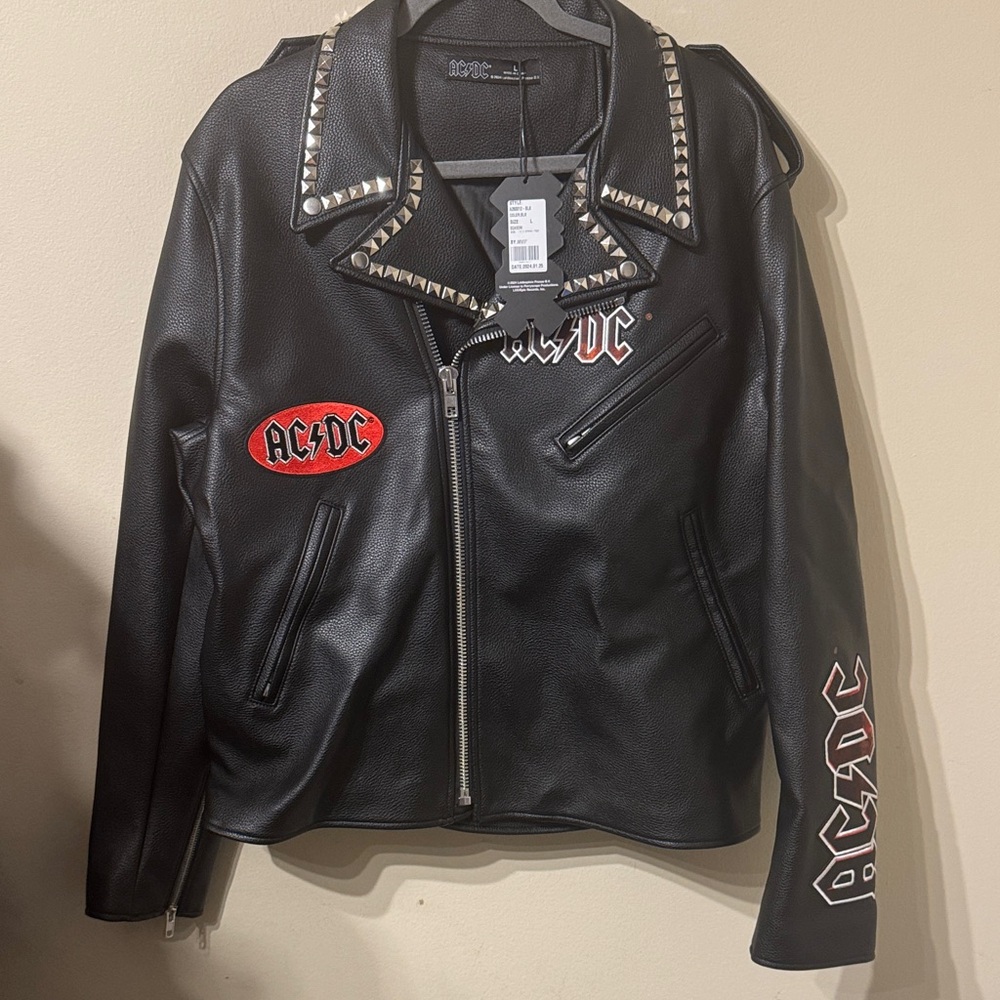 Black Studded Moto Jacket with AC/DC Patches sz L Large NEW NWT